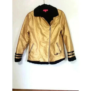 Betsey Johnson Gold Moto Jacket Girls size XL 14 faux leather with fleece lining